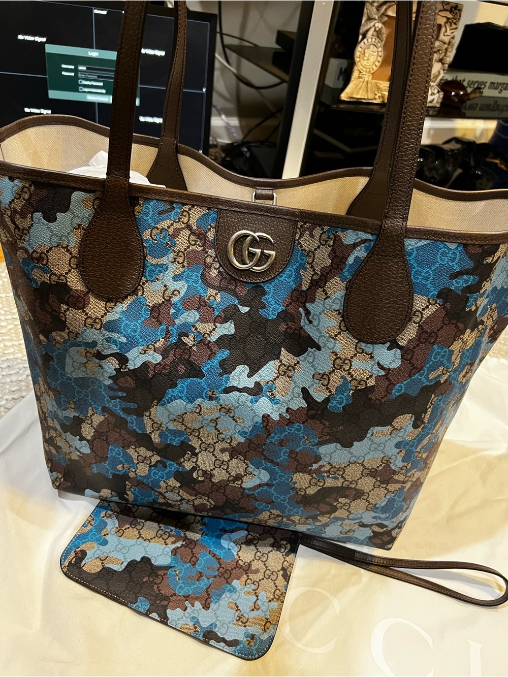 Gucci Blue and Brown GG Canvas Camouflage Tote with Leather Trim